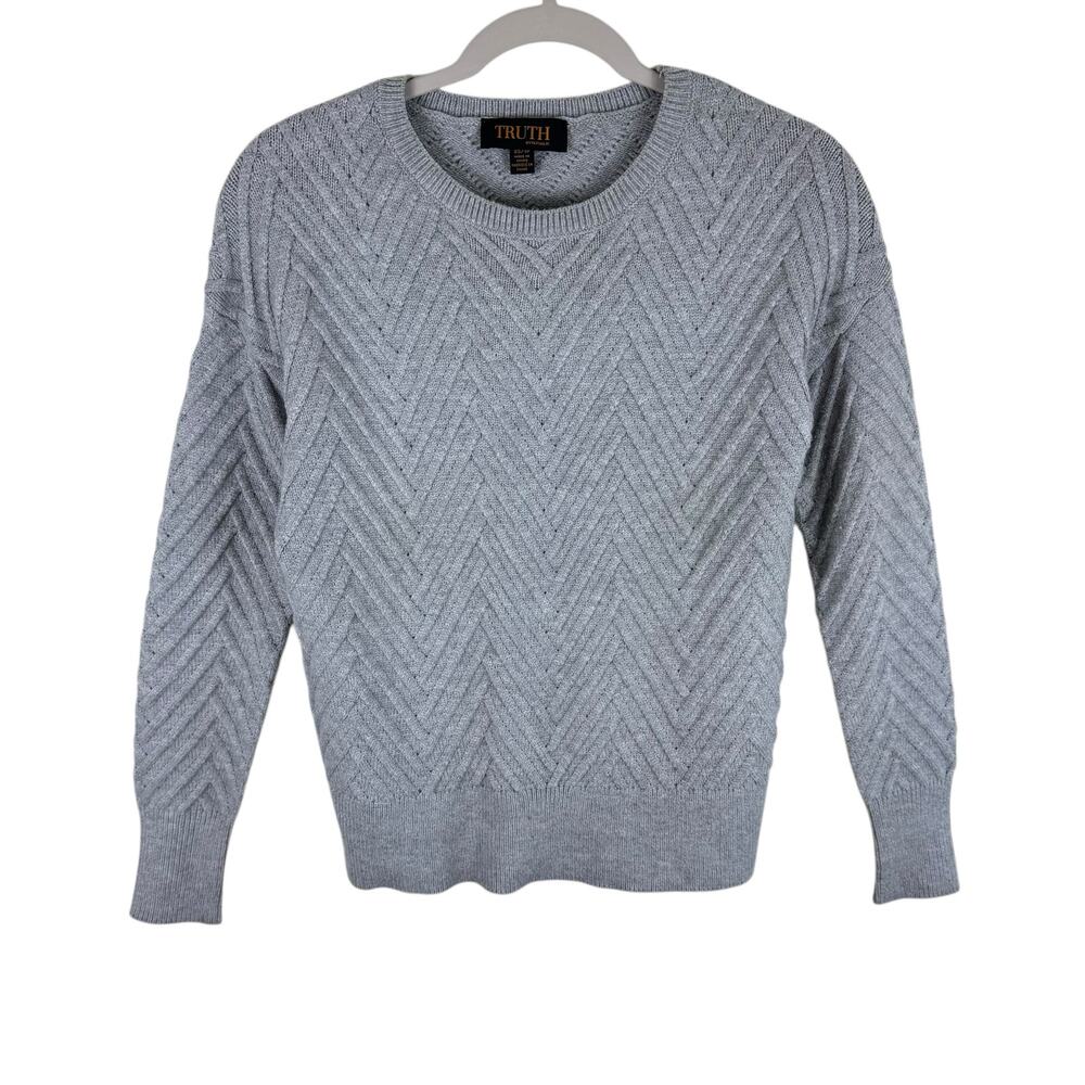 Truth By Republic Gray Plush Long Sleeve Crew Neck Chevron Pullover Sweater XS